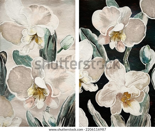 Oil painting with
flower orchid, leaves. Botanic print background on canvas - 
diptych In Interior, art. 
