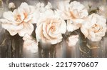 Oil painting with flower rose, gold leaves. Botanic print background on canvas -  triptych In Interior, art.  