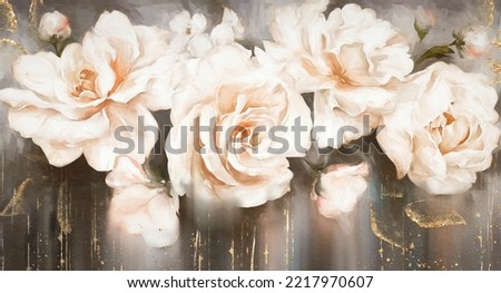 Oil painting with flower rose, gold leaves. Botanic print background on canvas -  triptych In Interior, art.  