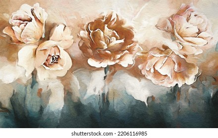 Oil Painting With Flower Rose, Leaves. Botanic Print Background On Canvas -  Triptych In Interior, Art.  