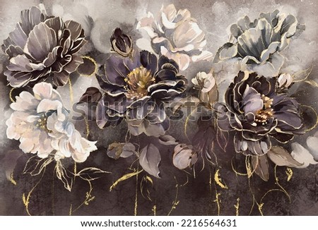 Oil painting with flower rose, leaves. Botanic print background on canvas -  triptych In Interior, art.  