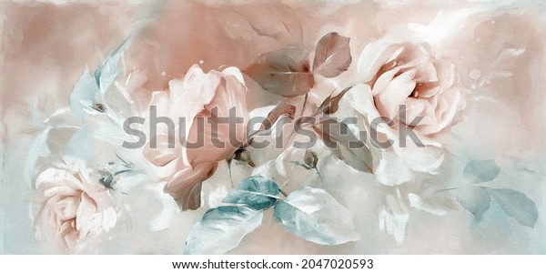Oil painting with flower rose, leaves, botanical wallpaper for walls print background on canvas - triptych In Interior, art. 