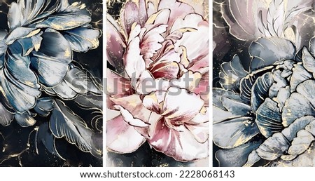 Oil painting with flower rose, peonies, navy blue, gold leaves. Botanic print background on canvas -  floral triptych In Interior, art.  