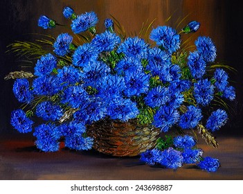 Oil painting of flowers, bluebonnets  in a vase