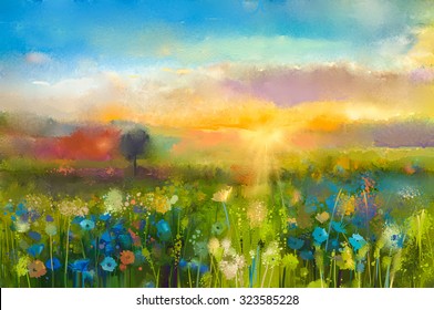 Oil painting  flowers dandelion, cornflower, daisy in fields. Sunset  meadow landscape with wildflower, hill and sky in orange and blue color background. Hand Paint summer floral Impressionist style