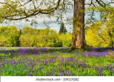 An oil painting of a forest glade of bluebells in spring