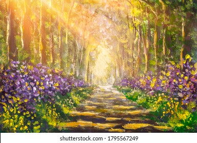 Oil painting forest landscape, beautiful solar road in the woods on canvas. Sunny summer in alley park forest fine art modern.