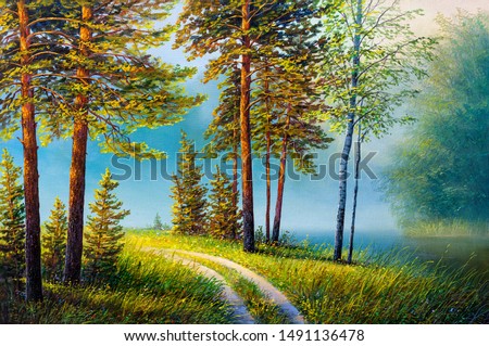 Oil painting forest landscape, beautiful solar road in the woods . Foggy morning in the forest.