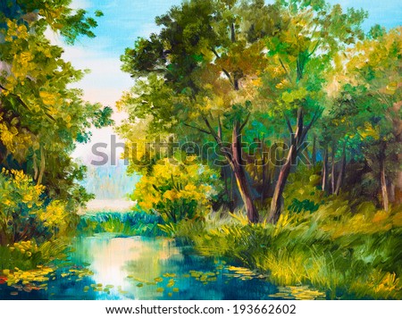Oil Painting of forest landscape - pond in the forest. Abstract drawing 