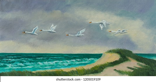 Oil Painting - Four White Migratory Birds With Yellow Beaks Fly On The Coast Over The Sea