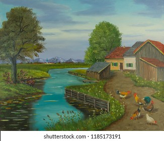 Oil painting of free-range chickens and a cock on a path beside the river