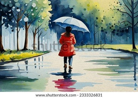 oil painting.the girl is having fun in the rain holding an umbrella.