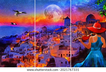 Oil Painting - A girl playing the violin at night in Santorini Greece . Collection of designer oil paintings. Decoration for the interior. Modern abstract canvas art. 3 piece wall art. vintage