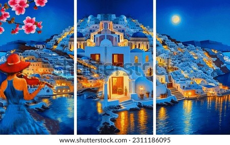 Oil Painting - A girl playing the violin at night in Santorini Greece . Collection of designer oil paintings. Decoration for the interior. Modern abstract canvas art. 3 piece wall art. vintage

