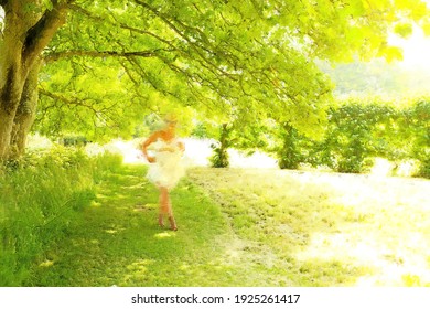 Oil Painting Of A Girl In The Shade Of Woodland Glade In Brilliant Sunshine