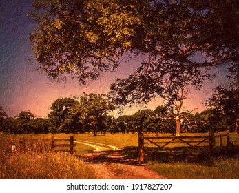 Oil painting of the golden hour in the English countryside in summer