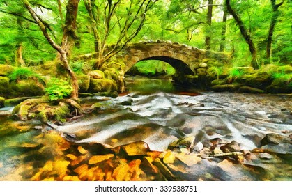 An oil painting of Hisley Packhorse Bridge over the river Bovey on Dartmoor in Devon