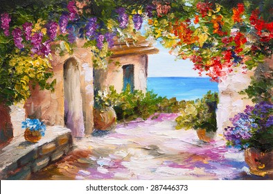 Oil Painting - House Near The Sea, Colorful Flowers, Summer Seascape