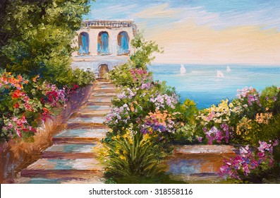 Oil Painting - House Near The Sea, Colorful Flowers, Summer Seascape