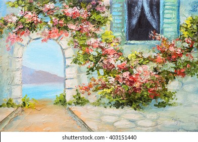 Oil Painting - House Near The Sea, Colorful Flowers, Summer Seascape Santorini