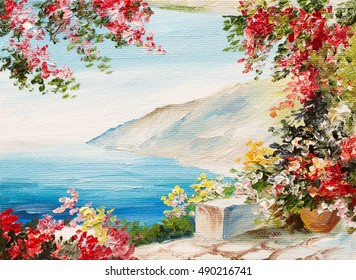 Oil Painting - House Near The Sea, Colorful Flowers, Summer Seascape