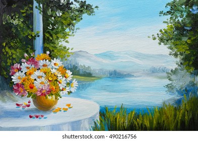 Oil Painting - House Near The Sea, Colorful Flowers, Summer Seascape