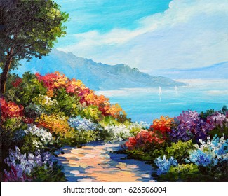 Oil Painting, House Near The Sea, Sea Coast, Colorful Flowers, Summer Seascape