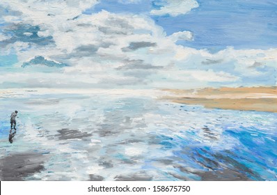 Oil Painting Illustrating A Man On Seaside, Summer Day