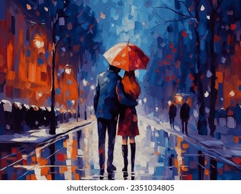 Oil painting illustration. couple in love walks under glowing umbrella in winter starry night. - Powered by Shutterstock