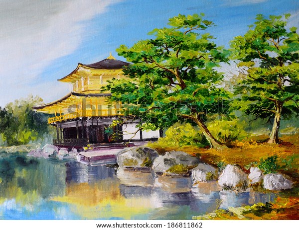 油彩画 日本庭園 日本の家の近くの湖 抽象画 印象派の印象的な描き方 のイラスト素材