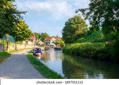 Oil painting of the Kennet and Avon Canal in Wiltshire England