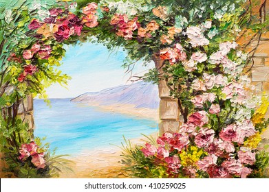 Oil Painting Landscape - Arch Near The Sea, Flowers