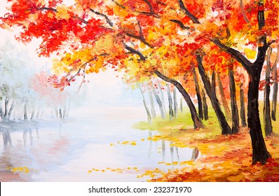 Oil painting landscape - autumn forest near the lake, orange leaves