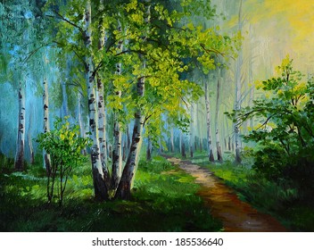 Oil Painting Landscape - Birch Forest, Abstract Drawing, Made ??in The Style Of Impressionism