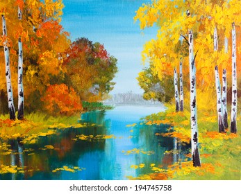 Oil Painting Landscape - Birch Forest Near The River