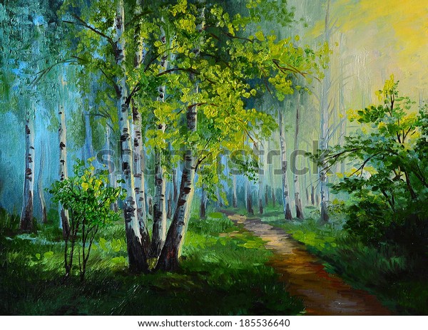 oil painting landscape wall mural- birch forest, abstract drawing, made in the style of realistic Impressionism.