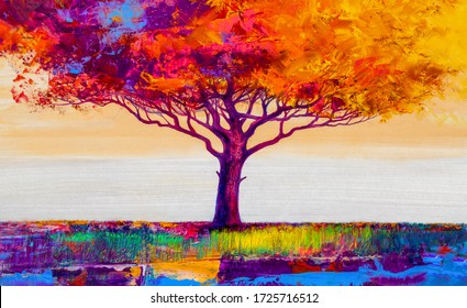 Oil painting landscape, colorful abstract  tree. Hand Painted Impressionist.