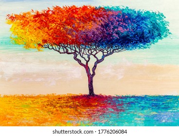 Oil painting landscape, colorful abstract  tree. Hand Painted Impressionist.