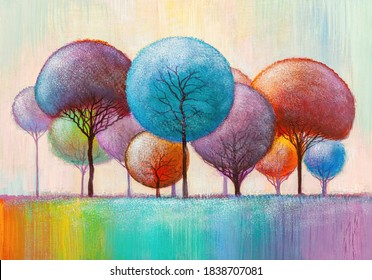 Oil Painting Landscape, Colorful Abstract Trees. Hand Painted Impressionist.