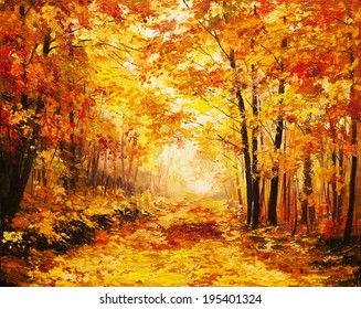 Oil painting landscape - colorful autumn forest