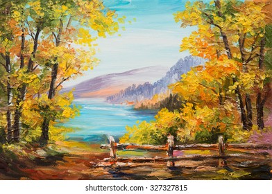 Oil painting landscape - colorful autumn forest, mountain lake, impressionism 
