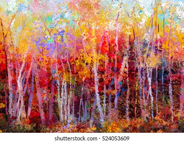 Oil Painting Landscape, Colorful Autumn Trees. Semi Abstract Paintings Image Of Forest, Aspen Tree With Yellow, Red Leaf. Fall Season Nature Background. Hand Painted Impressionist, Outdoor Landscape