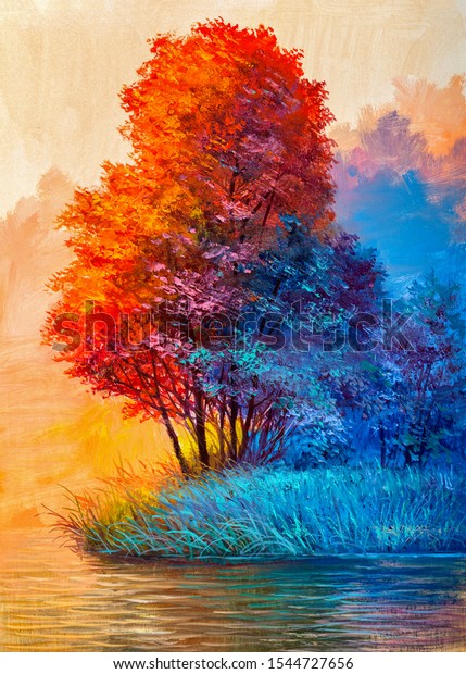Oil painting landscape - colorful autumn forest,\
beautiful river 