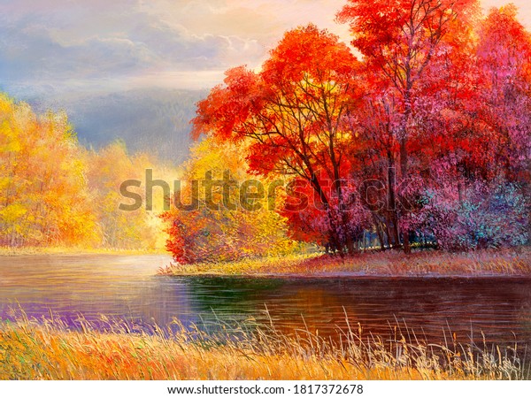 Oil painting landscape - realistic colorful autumn forest, beautiful river