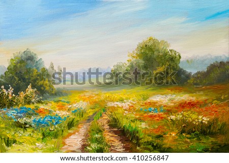 oil painting landscape, colorful field of flowers, abstract  impressionism