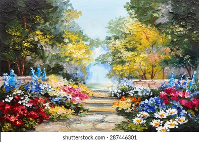 Oil painting landscape - colorful summer forest, beautiful flowers