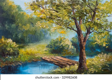 Oil painting landscape - colorful summer forest, beautiful river