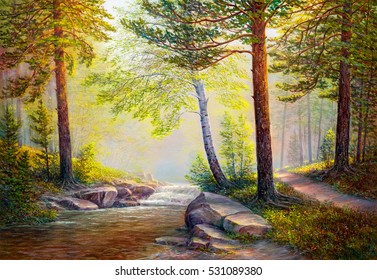 Oil painting landscape , colorful summer forest, beautiful river with a waterfall