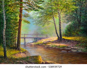 Oil painting landscape , colorful summer forest, beautiful river with a bridge
