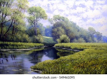 Oil painting landscape , colorful summer forest, beautiful river